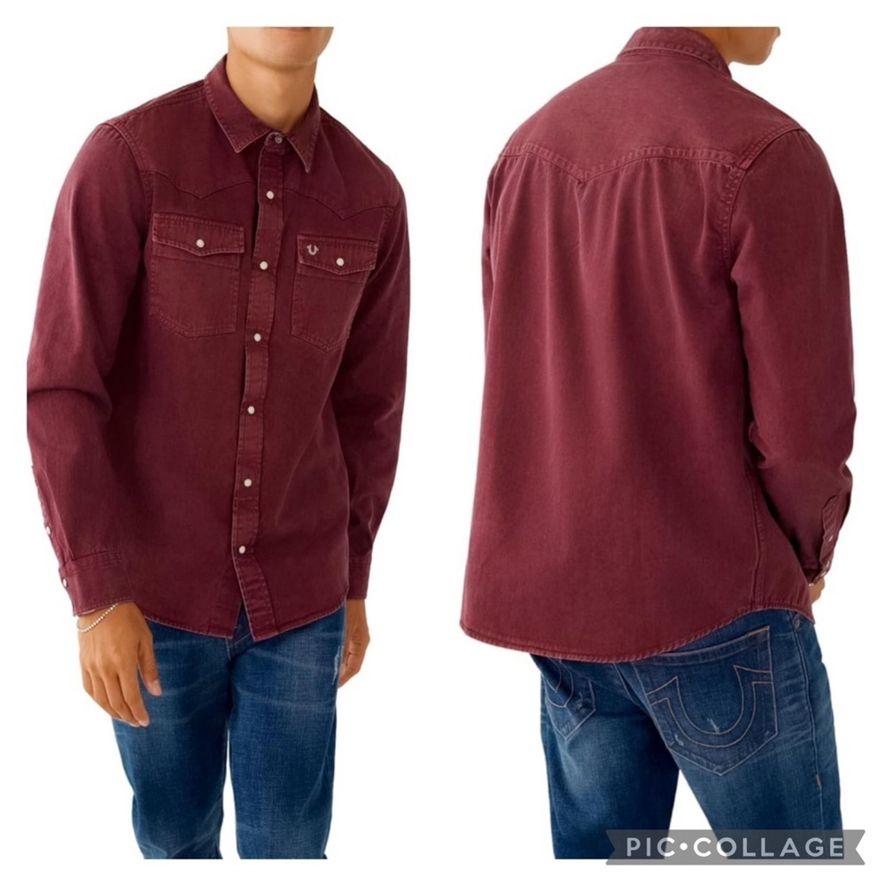 True Religion Overdyed Dark Burgundy Western Cotton Shirt Size Small